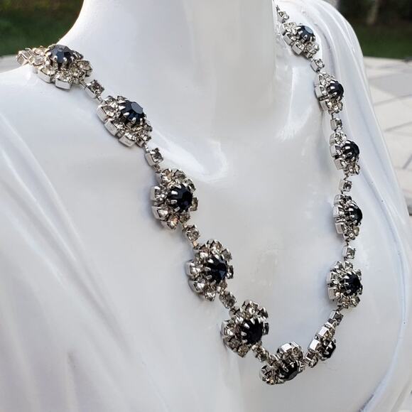 Sparkly Silver Tone Faux Sapphire & Diamond Accent Statement Necklace Vintage - Picture 3 of 8